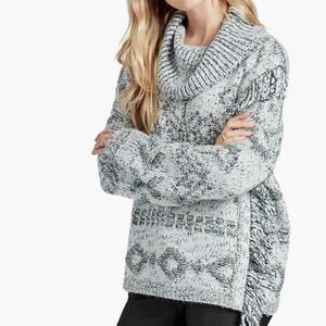 Lucky Brand Sweater Women's Medium Green Black White Cowl Neck Aztec Fringe Wool